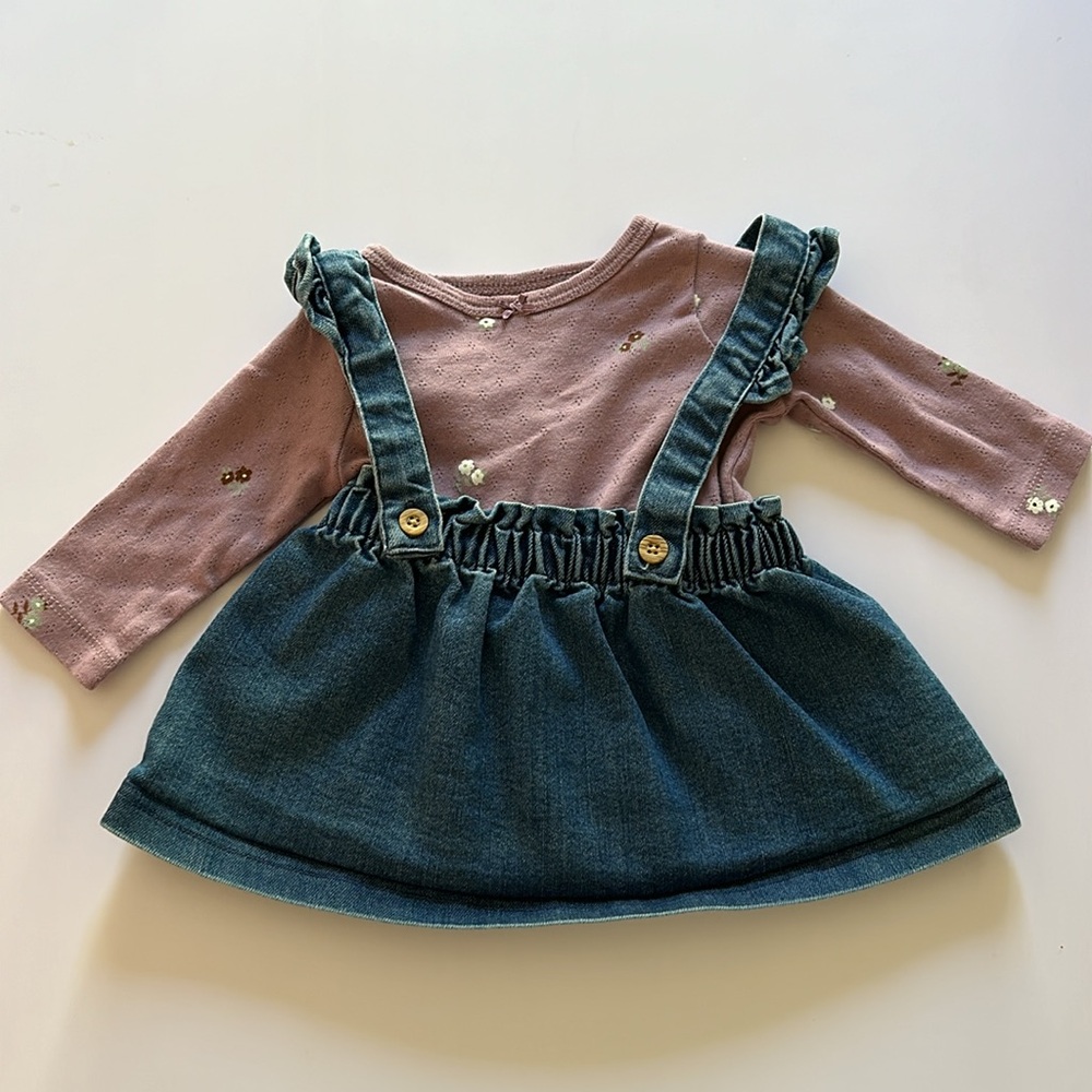 Carters denim dress with purple long sleeve top.